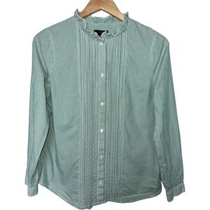 J.CREW Green + White Striped Ruffle Neck Button Down Shirt Cotton Blouse Small